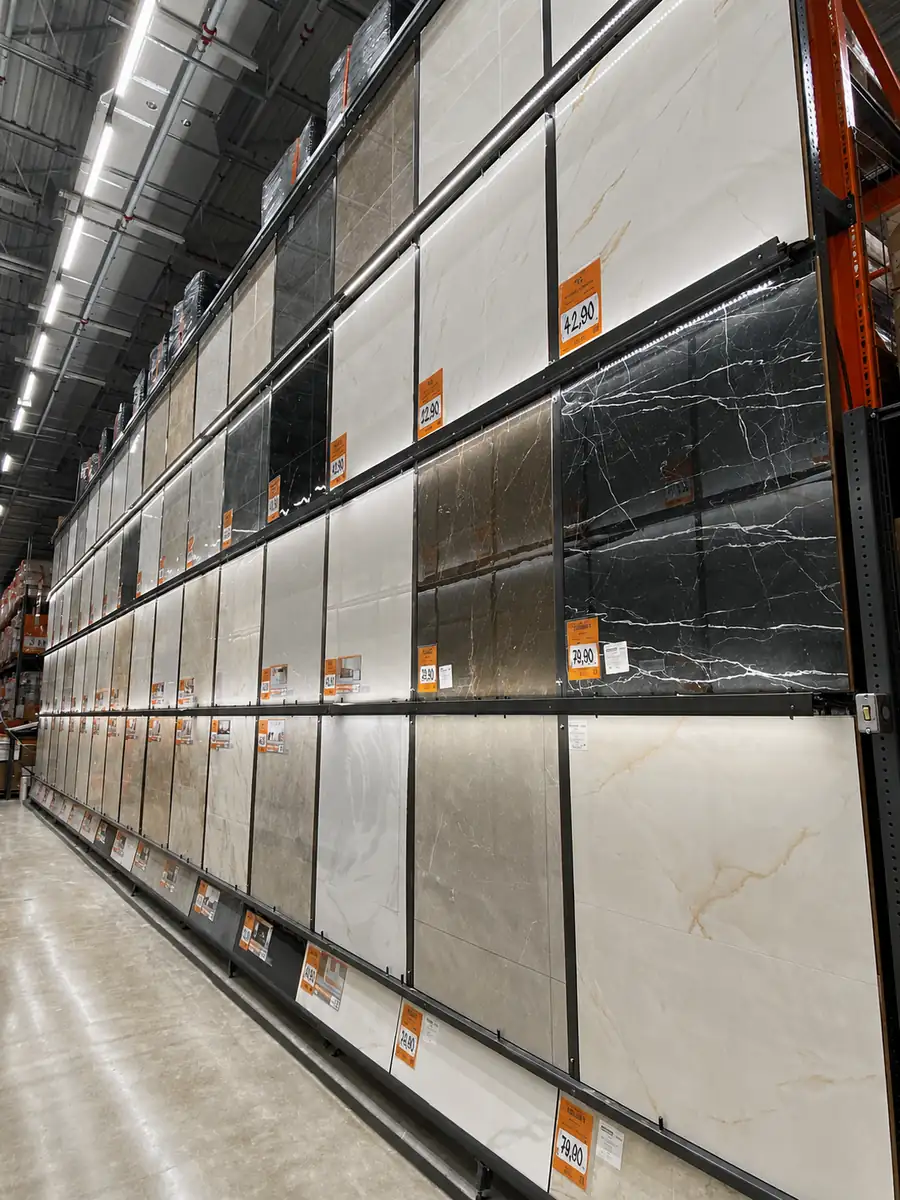Expositor cerâmico e porcelânico fabricado off-site para apresentação de revestimentos