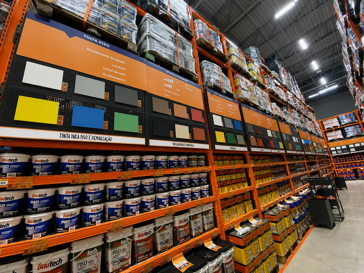 Organização de cartelas de tinta em mostruário para consulta do consumidor